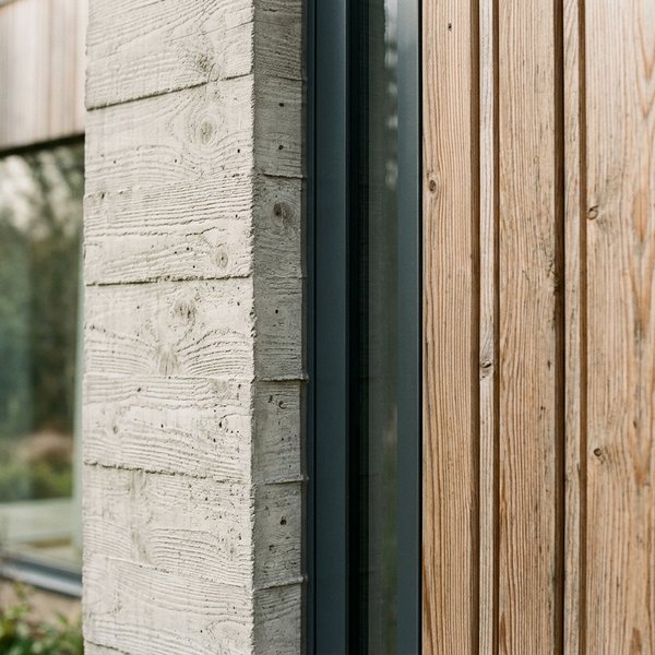Detail fasády — pohľadový betón a smrekovec